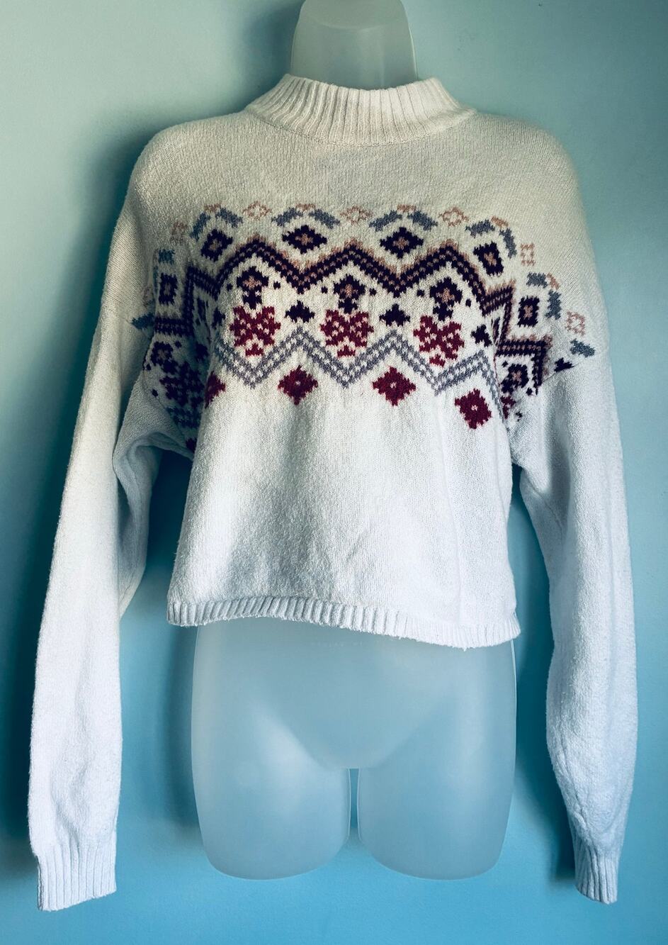 Hollister y2k Fair Isle Mock Neck Sweater Cropped White Red Small